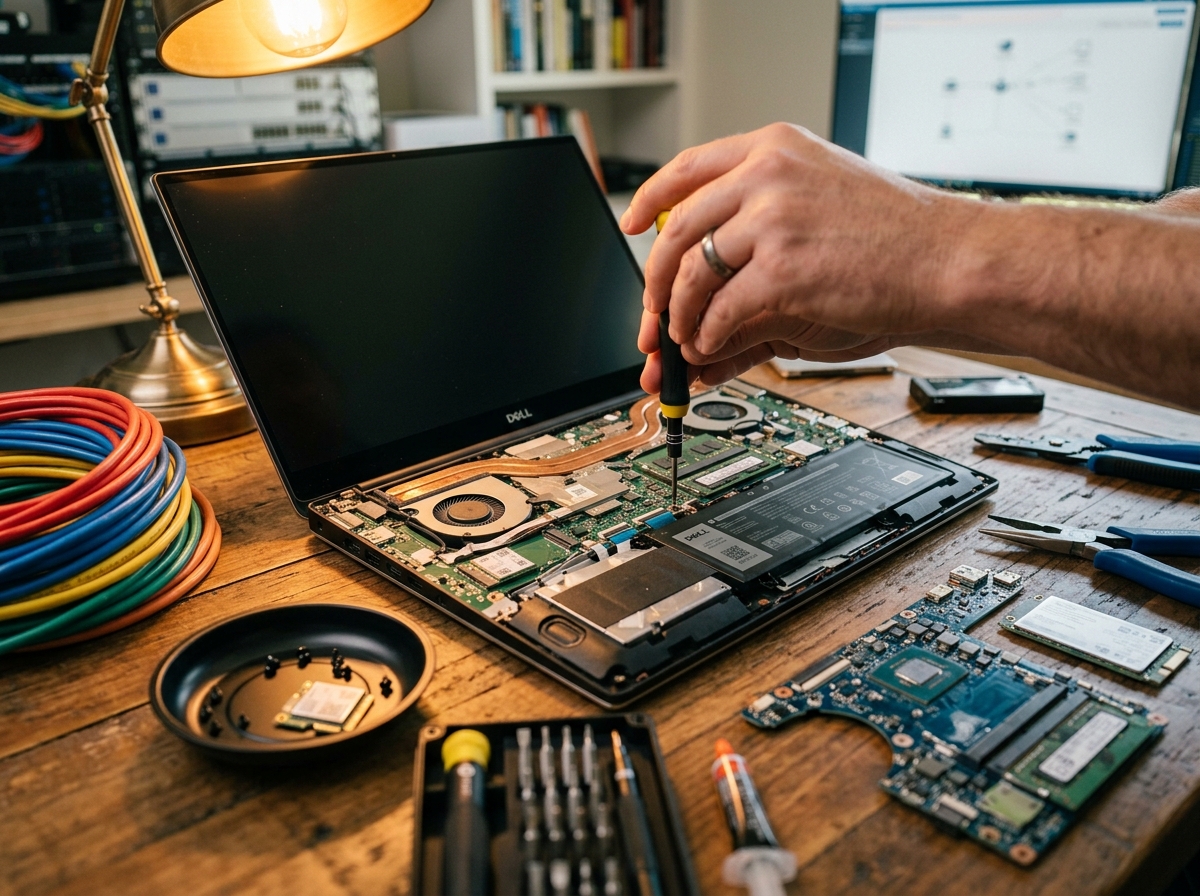 Technician repairing a laptop computer