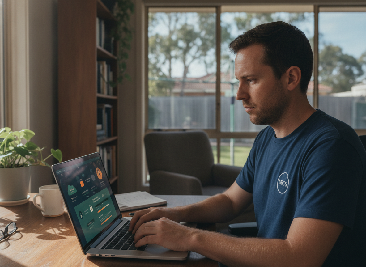 Technician reviewing security settings on a laptop