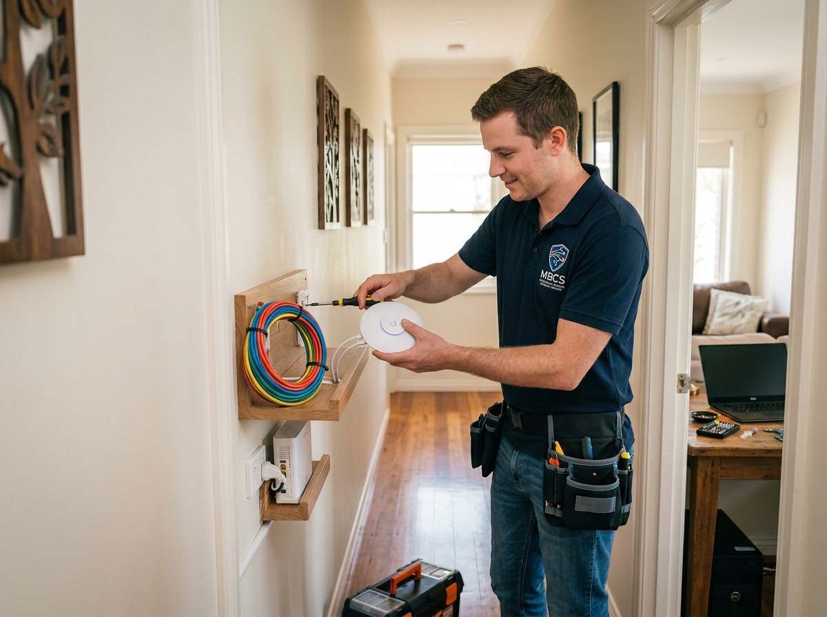 Technician configuring a Wi-Fi router